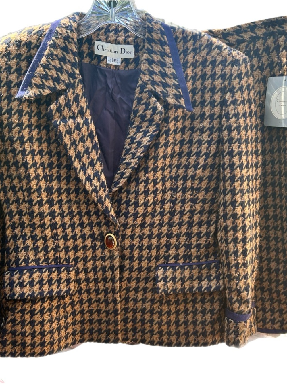 Dior Vintage Women's Brown & Black Houndstooth Wool Suit Size 6 NWT